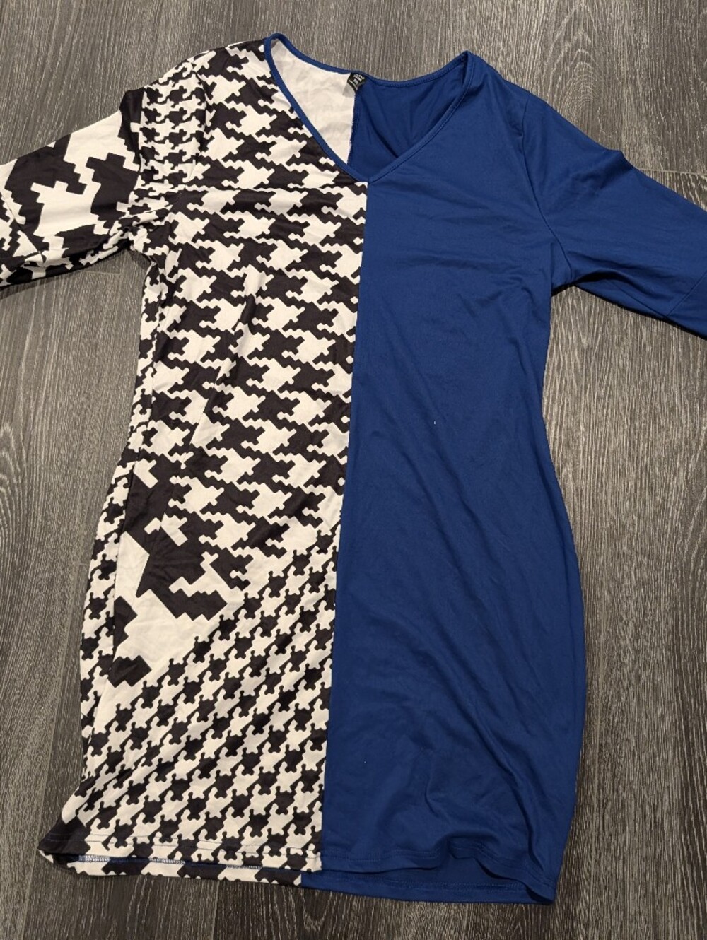 Asymmetrical Blue & Black Houndstooth Sleeve Dress